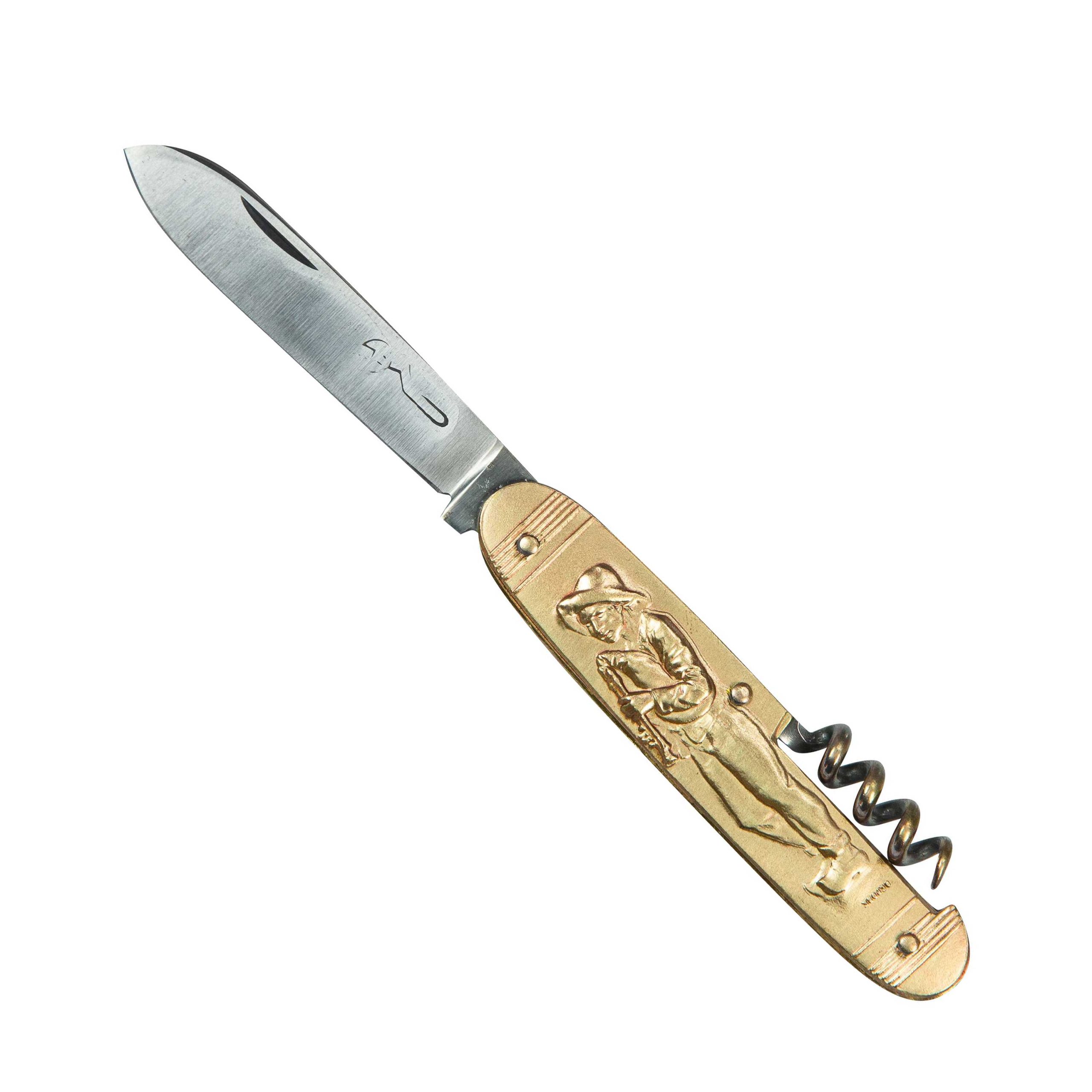 COUTEAU COURSOLLE PETIT JOUEUR DE CORNEMUSE CABRETTE  TRICOTEUSE 2  PIÈCES  TIRE-BOUCHON  MANCHE LAITON - 126