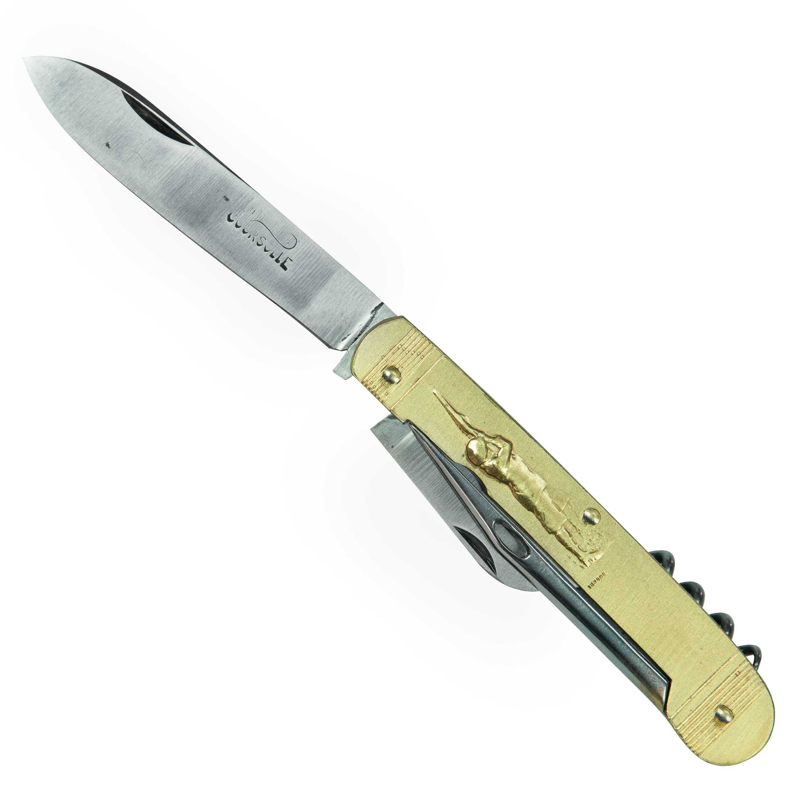 COUTEAU COURSOLLE GRAND CHASSEUR TENNIS 4 PIÈCES  TIRE-BOUCHON POINÇON SERPETTE  MANCHE LAITON - 274
