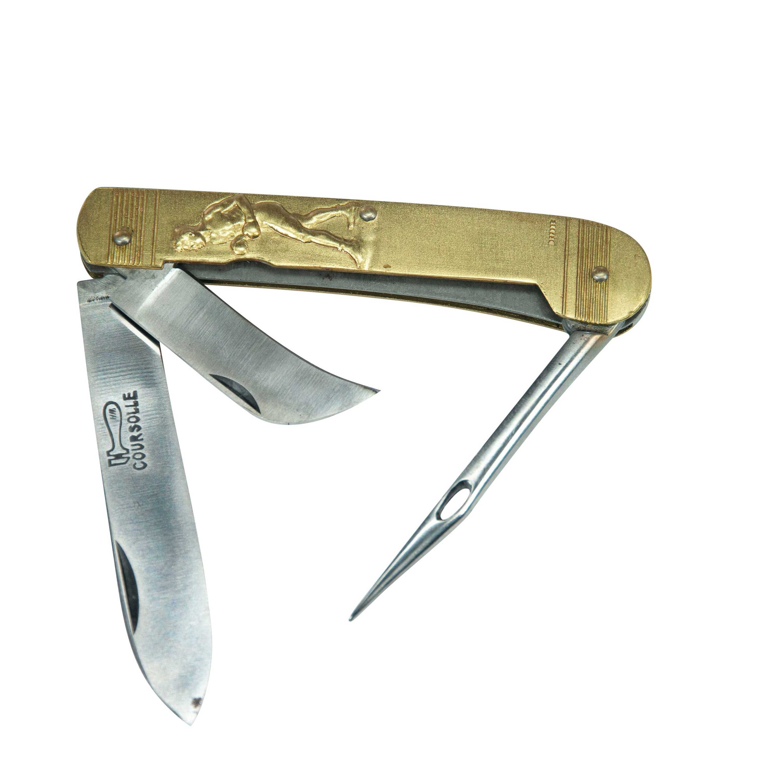 COUTEAU COURSOLLE GRAND BOXEUR TENNIS 4  PIÈCES  TIRE-BOUCHON POINÇON SERPETTE  MANCHE LAITON - 274