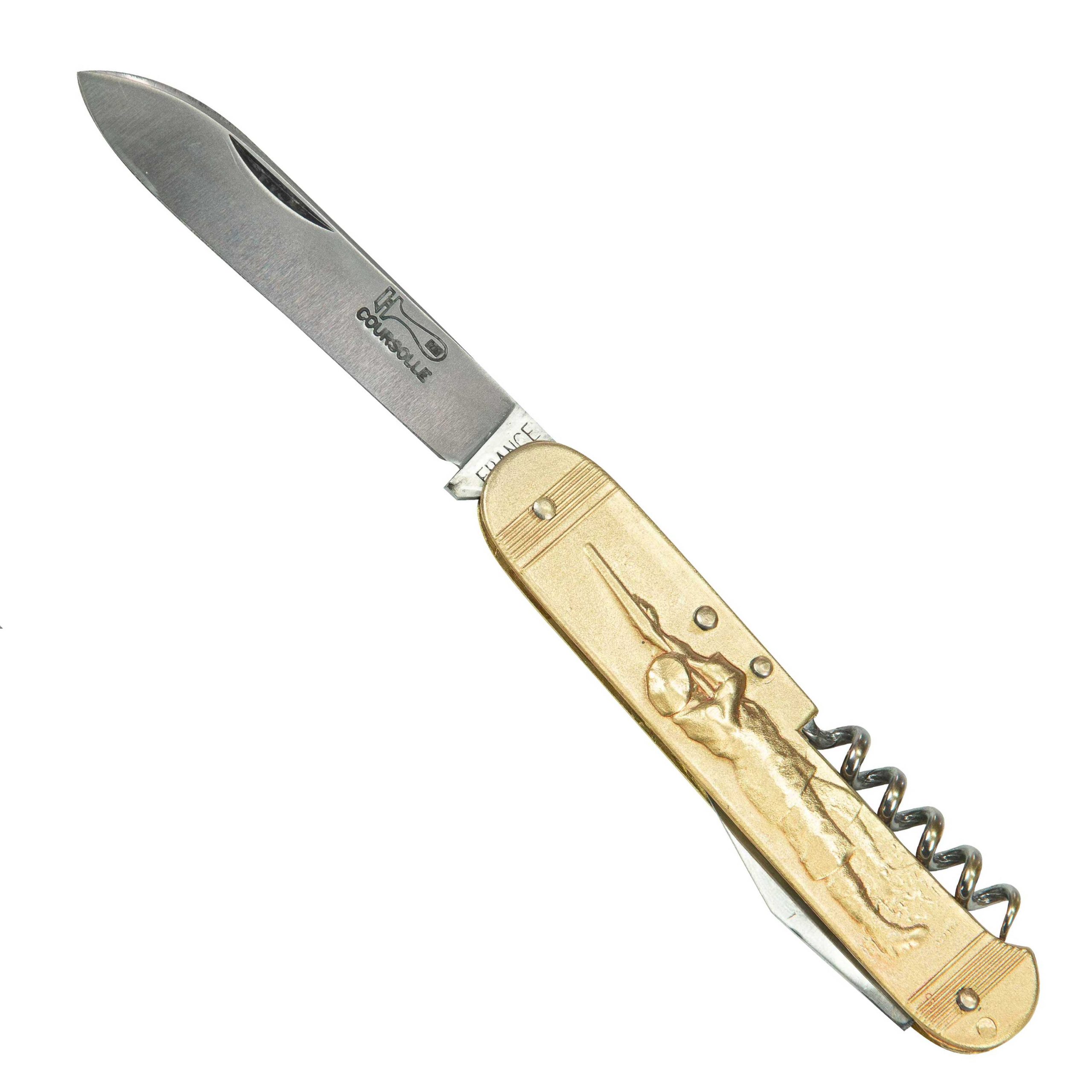 COUTEAU COURSOLLE GRAND CHASSEUR CHIEN 3  PIÈCES  OUVRE-BOITE TIRE-BOUCHON  MANCHE LAITON - 289