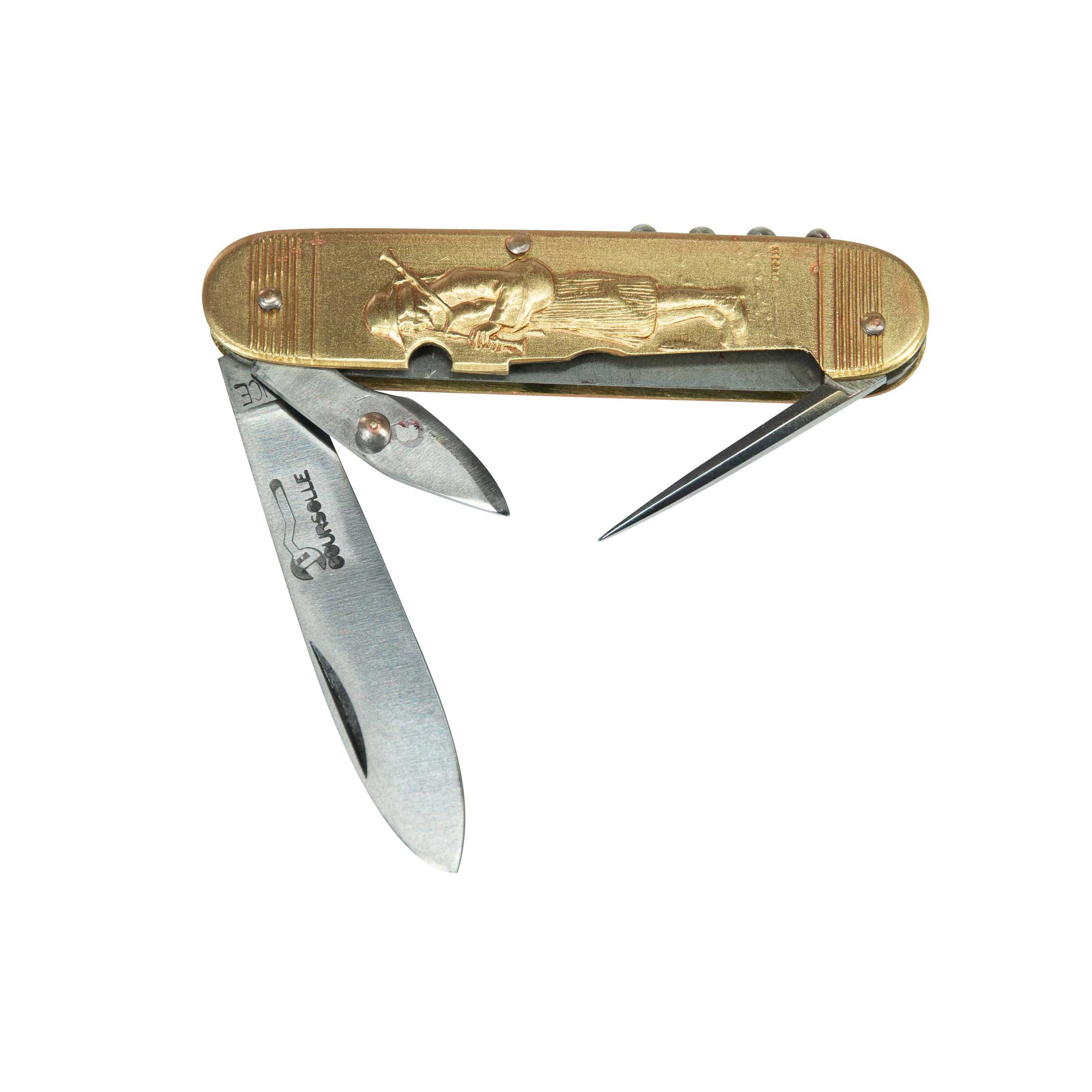 COUTEAU COURSOLLE MOYEN  BINIOU FILEUSE 4  PIÈCES  TIRE-BOUCHON POINÇON OUVRE-BOITE  MANCHE LAITON - 292