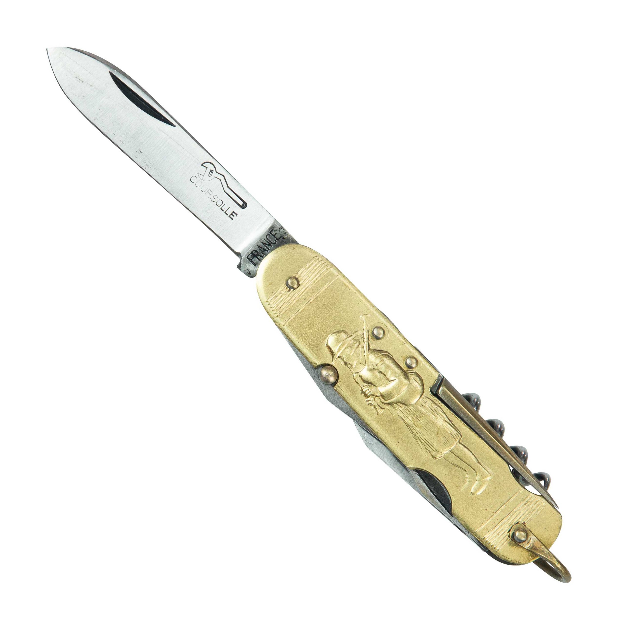 COUTEAU COURSOLLE MOYEN JOUEUR DE BINIOU FILEUSE 6  PIÈCES  TIRE-BOUCHON POINÇON OUVRE-BOITE CANIF TOURNEVIS  MANCHE LAITON - 205