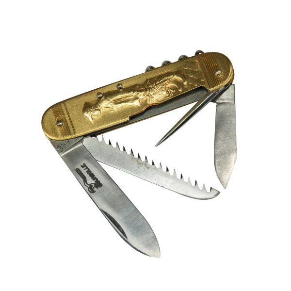 COUTEAU COURSOLLE MOYEN PECHEUR BRETON PORT BRETON 5  PIÈCES  TIRE-BOUCHON POINÇON SCIE CANIF  MANCHE LAITON - 244
