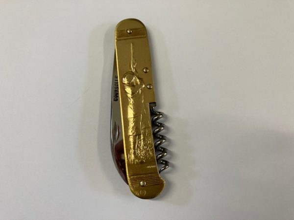 COUTEAU COURSOLLE GRAND CHASSEUR CHIEN 3  PIÈCES  OUVRE-BOITE TIRE-BOUCHON  MANCHE LAITON LAME INOX- 289 IX