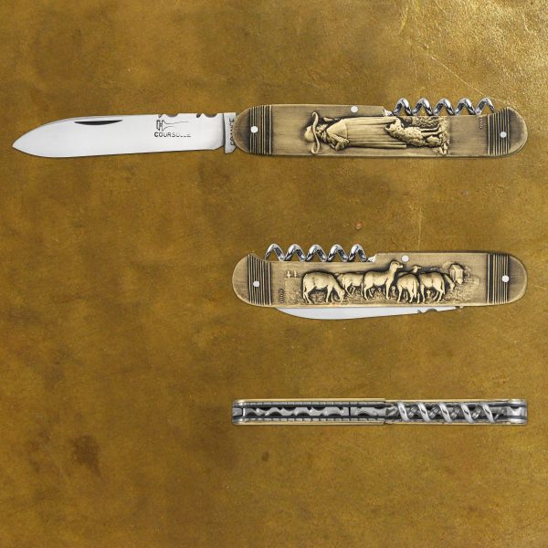 COUTEAU COURSOLLE PRESTIGE COLLECTION UNIQUE BERGER MOUTON 2 PIECES LAME ET TIRE BOUCHON MANCHE LAITON BRONZE- 249P