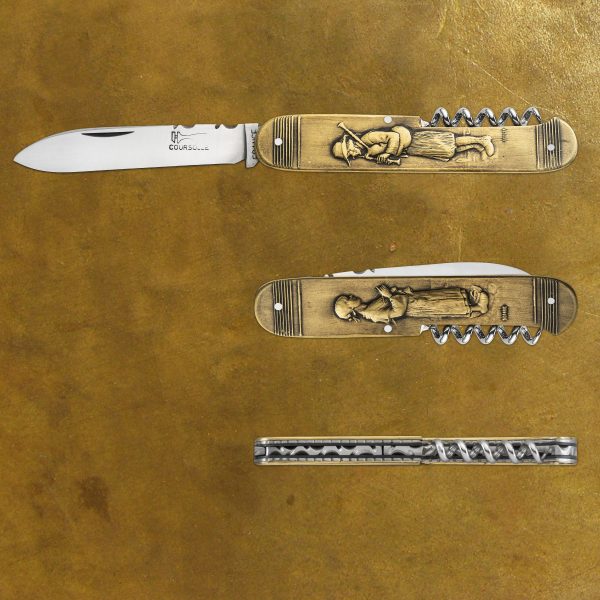 COUTEAU COURSOLLE PRESTIGE COLLECTION UNIQUE JOUEUR DE BINIOU TRICOTEUSE 2 PIECES LAME ET TIRE BOUCHON MANCHE LAITON BRONZE- 249P
