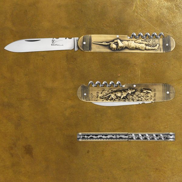 COUTEAU COURSOLLE PRESTIGE COLLECTION UNIQUE CHASSEUR CHIEN 2 PIECES LAME ET TIRE BOUCHON MANCHE LAITON BRONZE- 249P