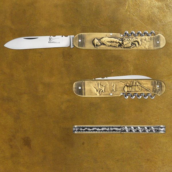 COUTEAU COURSOLLE PRESTIGE COLLECTION UNIQUE PECHEUR BRETON QUAI 2 PIECES LAME ET TIRE BOUCHON MANCHE LAITON BRONZE- 249P