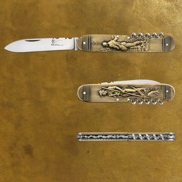 COUTEAU COURSOLLE PRESTIGE COLLECTION UNIQUE SEMEUR FAUCHEUR 2 PIECES LAME ET TIRE BOUCHON MANCHE LAITON BRONZE- 249P