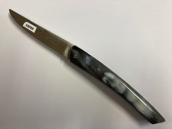 COUTEAU THIERS 12 CM PLEIN MANCHE CORNE LAME INOX RESSORT GUILLOCHE-9612CO