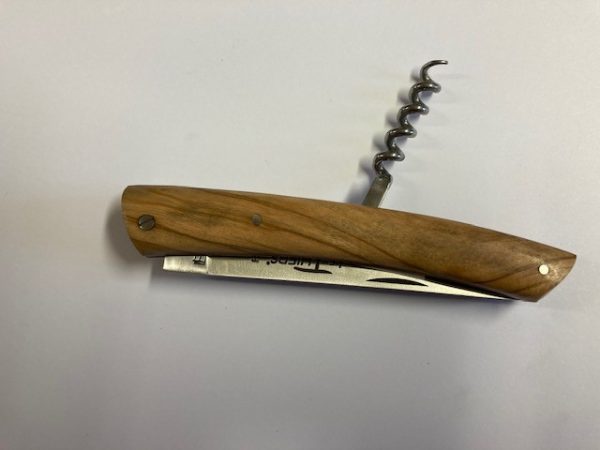 COUTEAU THIERS 2 PIECES 12 CM TIRE-BOUCHON MANCHE BOIS D'OLIVIER SUR PLATINES INOX LAME INOX RESSORT INOX GUILLOCHE-9212OL – Image 4