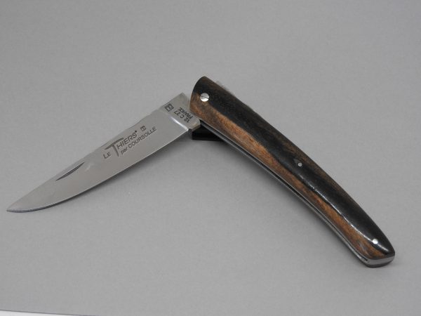 COUTEAU THIERS 12CM PLEIN MANCHE EBENE MARBRE SUR PLATINES INOX LAME INOX RESSORT INOX GUILLOCHE-9612EBMAR