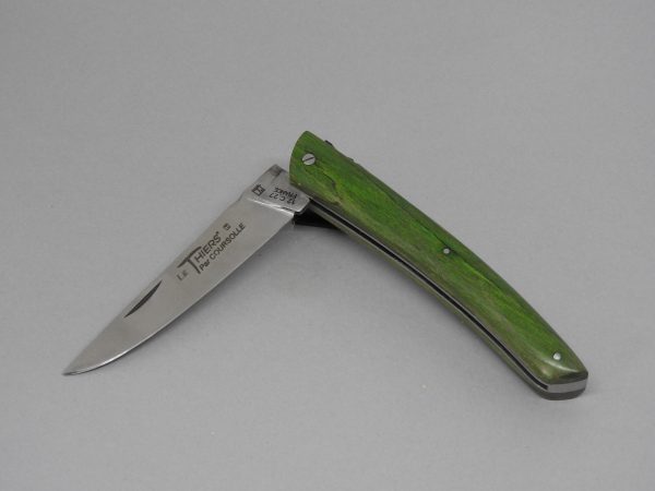 COUTEAU THIERS 12CM PLEIN MANCHE HETRE STABILISE VERT SUR PLATINES INOX LAME INOX RESSORT INOX GUILLOCHE-9612HVERT