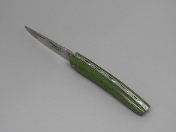 COUTEAU THIERS 12CM PLEIN MANCHE HETRE STABILISE VERT SUR PLATINES INOX LAME INOX RESSORT INOX GUILLOCHE-9612HVERT – Image 3