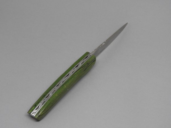 COUTEAU THIERS 12CM PLEIN MANCHE HETRE STABILISE VERT SUR PLATINES INOX LAME INOX RESSORT INOX GUILLOCHE-9612HVERT – Image 4