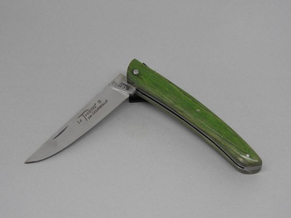 COUTEAU THIERS 12CM PLEIN MANCHE HETRE STABILISE VERT SUR PLATINES INOX LAME INOX RESSORT INOX GUILLOCHE-9612HVERT3