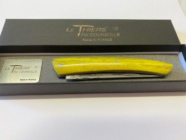 COUTEAU THIERS 12CM PLEIN MANCHE HETRE STABILISE VERT SUR PLATINES INOX LAME INOX RESSORT INOX GUILLOCHE-9612HVERTBOI