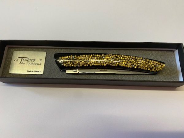 COUTEAU THIERS 12CM PLEIN MANCHE  RESINE LAITON SUR PLATINES INOX LAME INOX RESSORT INOX GUILLOCHE-9612 RESINELAI