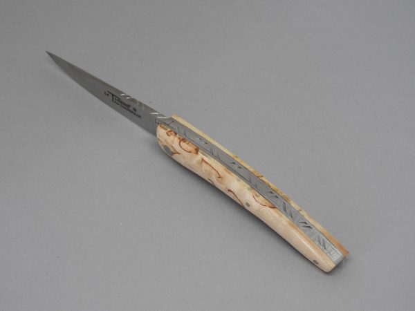 COUTEAU THIERS PLEIN MANCHE BOULEAU 10 CM 1 PIECE  LAME INOX RESSORT  GUILLOCHE-9610 BOULEAU – Image 3