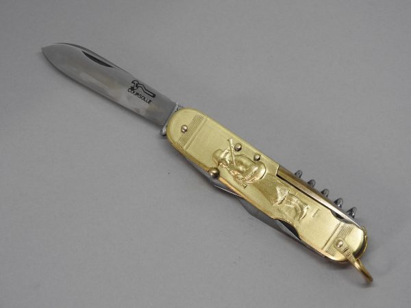 COUTEAU COURSOLLE GRAND JOUEUR DE BINIOU FILEUSE  6  PIÈCES  TIRE-BOUCHON POINÇON OUVRE-BOITE CANIF TOURNEVIS  MANCHE LAITON - 247