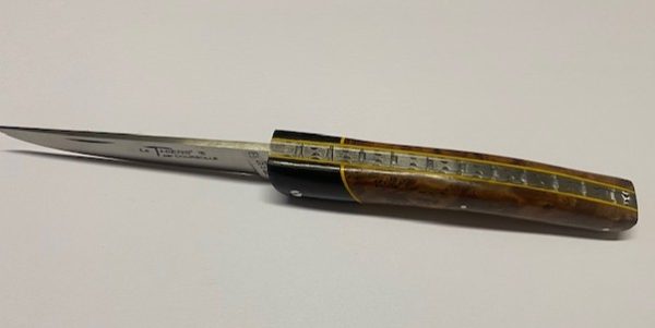 COUTEAU THIERS 12CM PLEIN MANCHE EBENE LOUPE DE THUYAS SUR PLATINES LAME ET RESSORT INOX GUILLOCHES-9612EBTHU